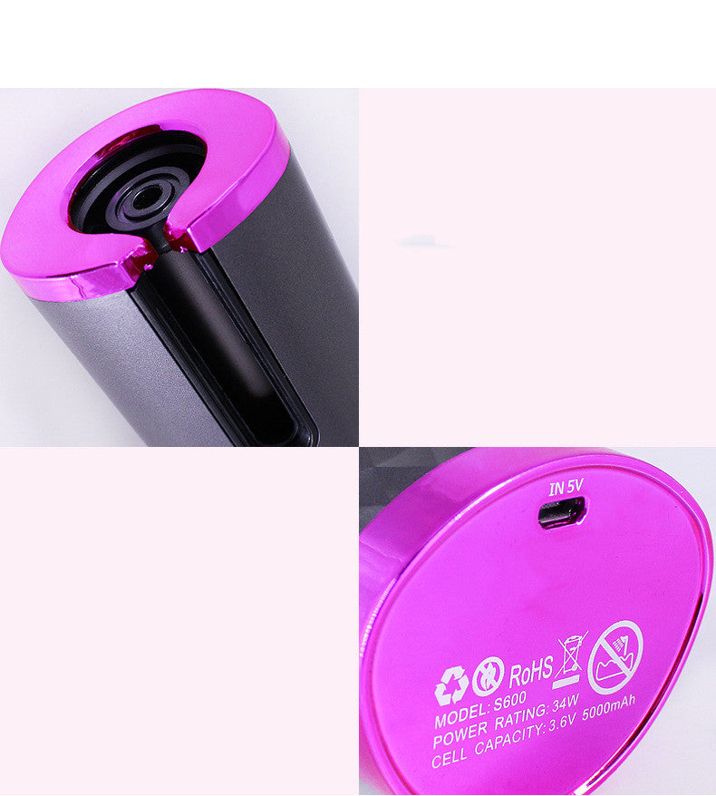 Close-up of the Cordless Automatic Hair Curler showing charging port and design details.