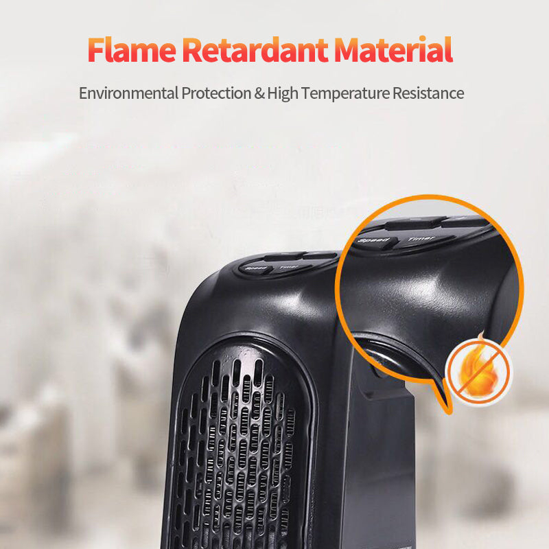 Portable ceramic wall heater with thermostat showcasing flame retardant material for safety and temperature resistance.