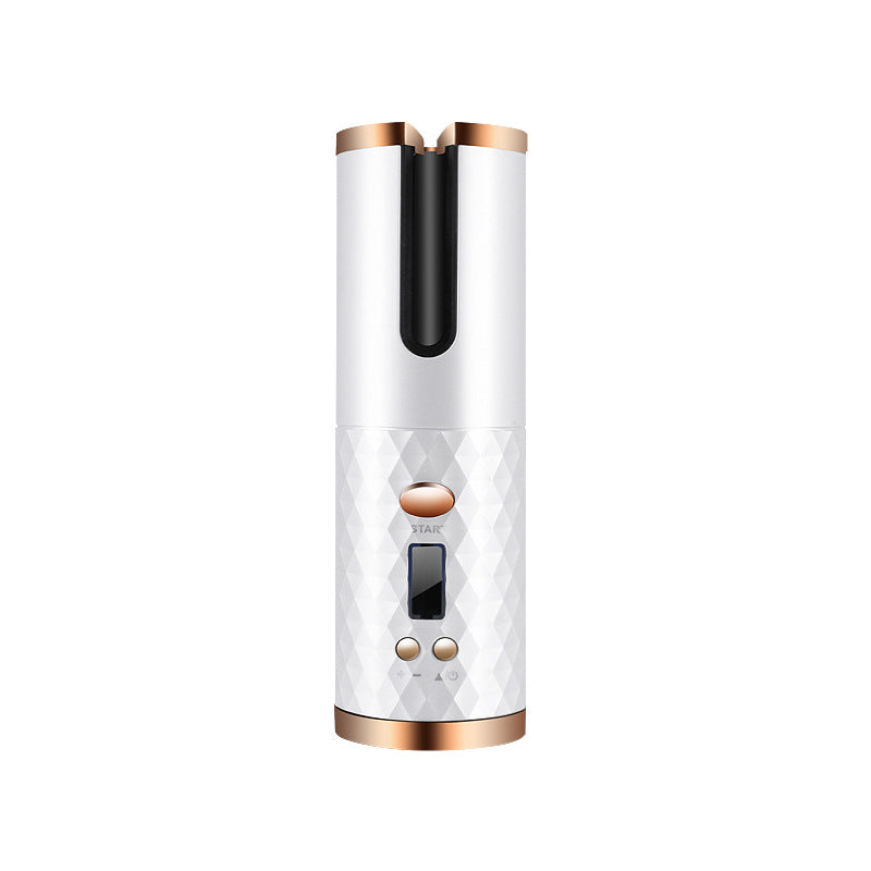 Cordless Automatic Hair Curler in various colors with a woman showcasing beautiful curls.