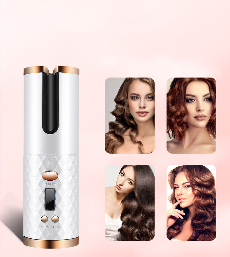 Cordless Automatic Hair Curler with various beautiful curls examples on display.