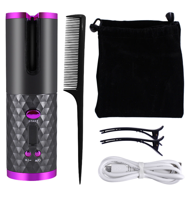 Cordless Automatic Hair Curler with comb, clips, charging cable, and storage pouch for easy styling.