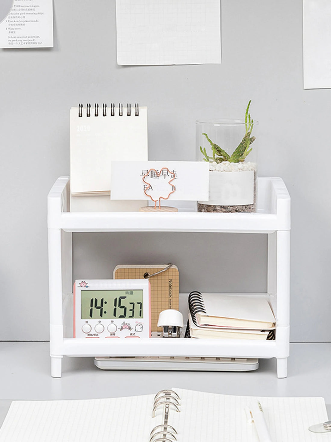 White storage bench with books, a plant, and glasses on a light gray floor.