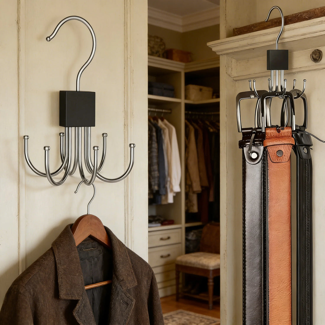 360 rotating storage hanger hook with a hand holding it above a belt