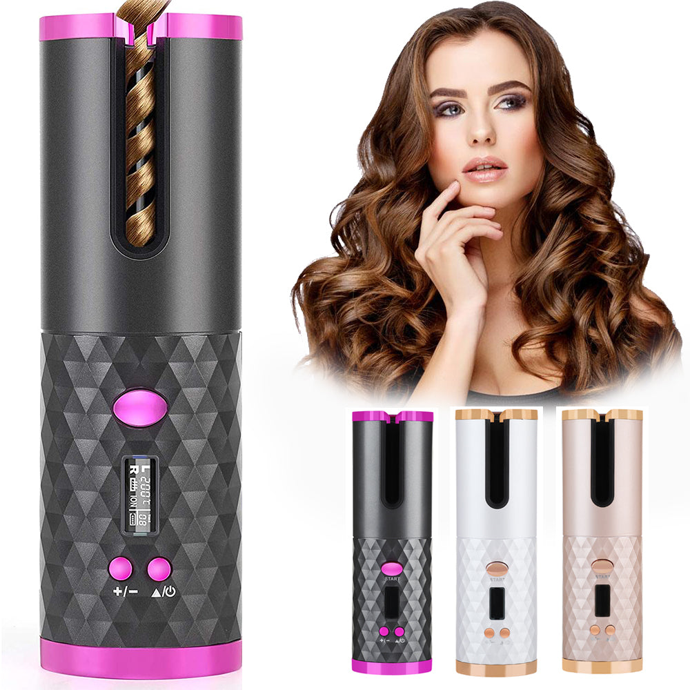 Cordless Automatic Hair Curler in various colors with a woman showcasing beautiful curls.