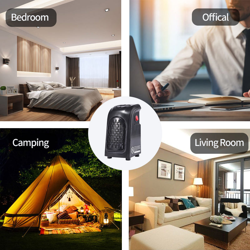Portable ceramic wall heater with thermostat for bedroom, office, camping, and living room use.