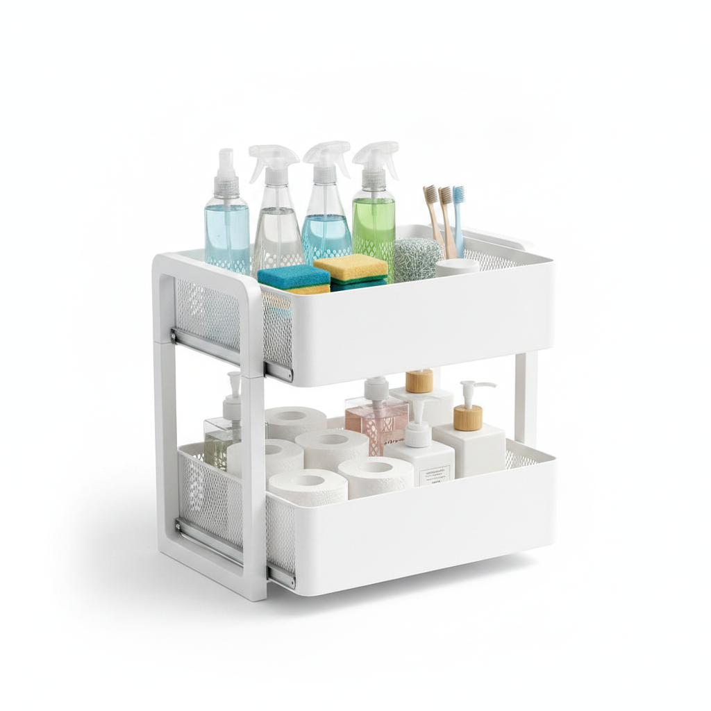 2 Tier Under Sink Organizer Sliding Cabinet Basket Organizer Storage Rack with Hooks Hanging Cup Bathroom Kitchen Organizer